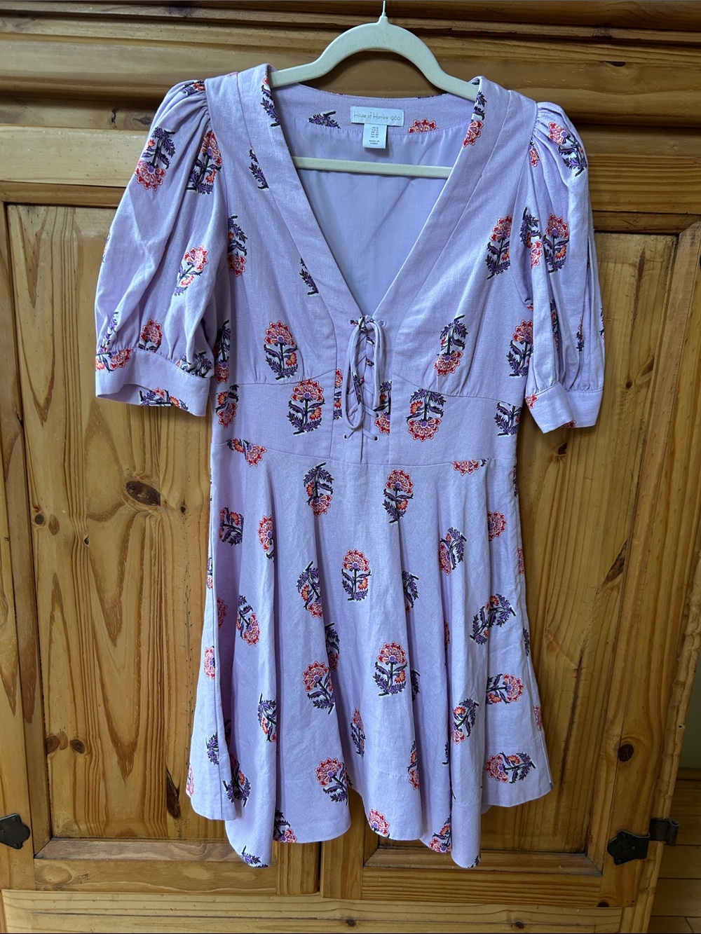 House of Harlow 1960 Lavender Floral Lace Up Mini Dress Linen Blend Puff Sleeve